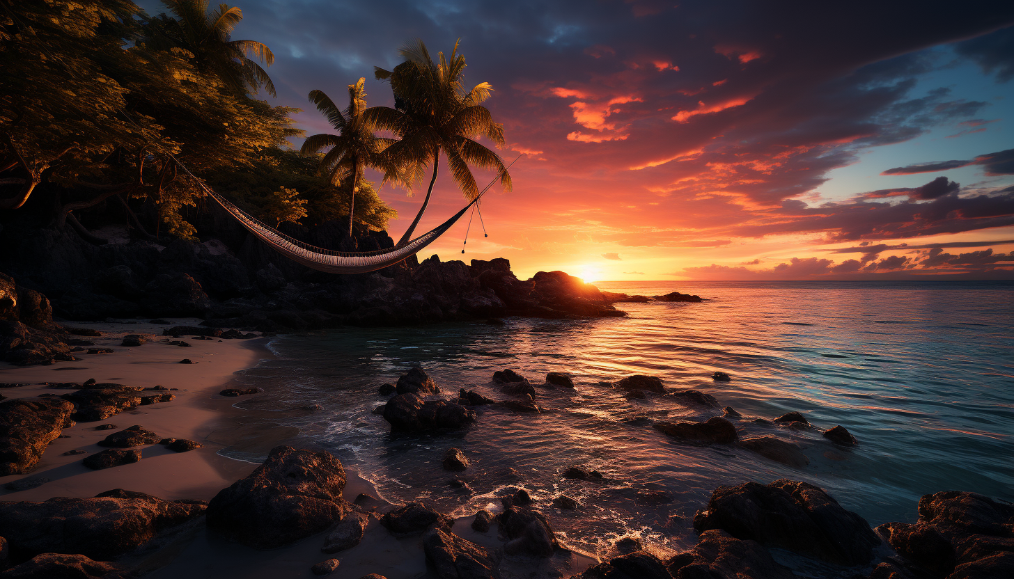 Vibrant Caribbean beach at sunset, with crystal clear water, palm trees, a hammock, and a small boat floating near the shore.