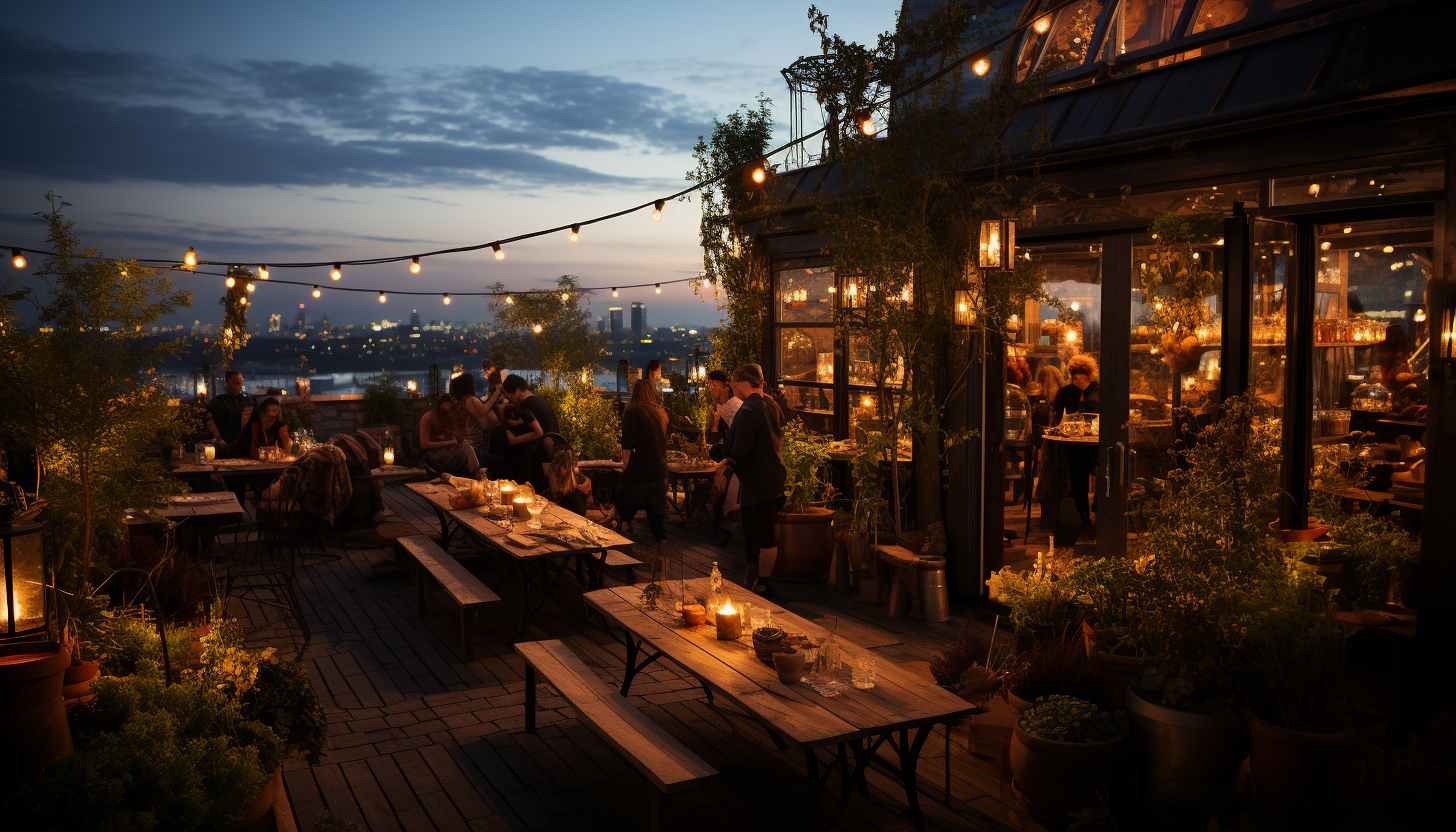 Bustling urban rooftop garden at dusk, with string lights, a variety of plants, city skyline view, and people enjoying a meal.