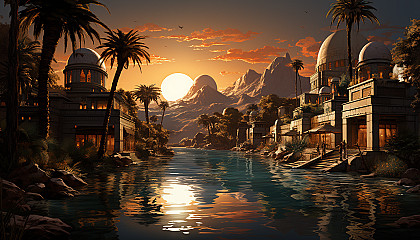 Desert oasis at sunset, with towering palm trees, a tranquil pool, camels resting, and ancient ruins in the background.