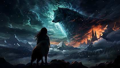 Frozen tundra under the Northern Lights, with a pack of wolves, a clear, star-filled sky, and a distant view of snowy mountains.