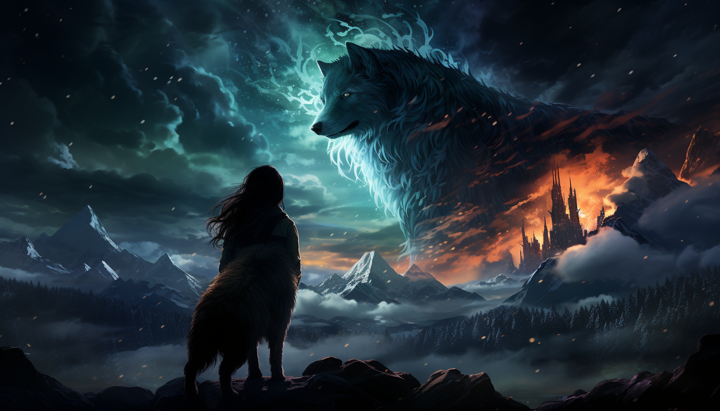 Frozen tundra under the Northern Lights, with a pack of wolves, a clear, star-filled sky, and a distant view of snowy mountains.