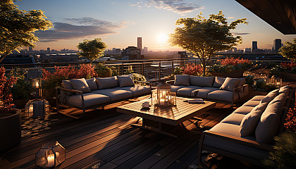 Rooftop garden in a modern city, with a variety of plants, city skyline view, comfortable seating areas, and soft ambient lighting.