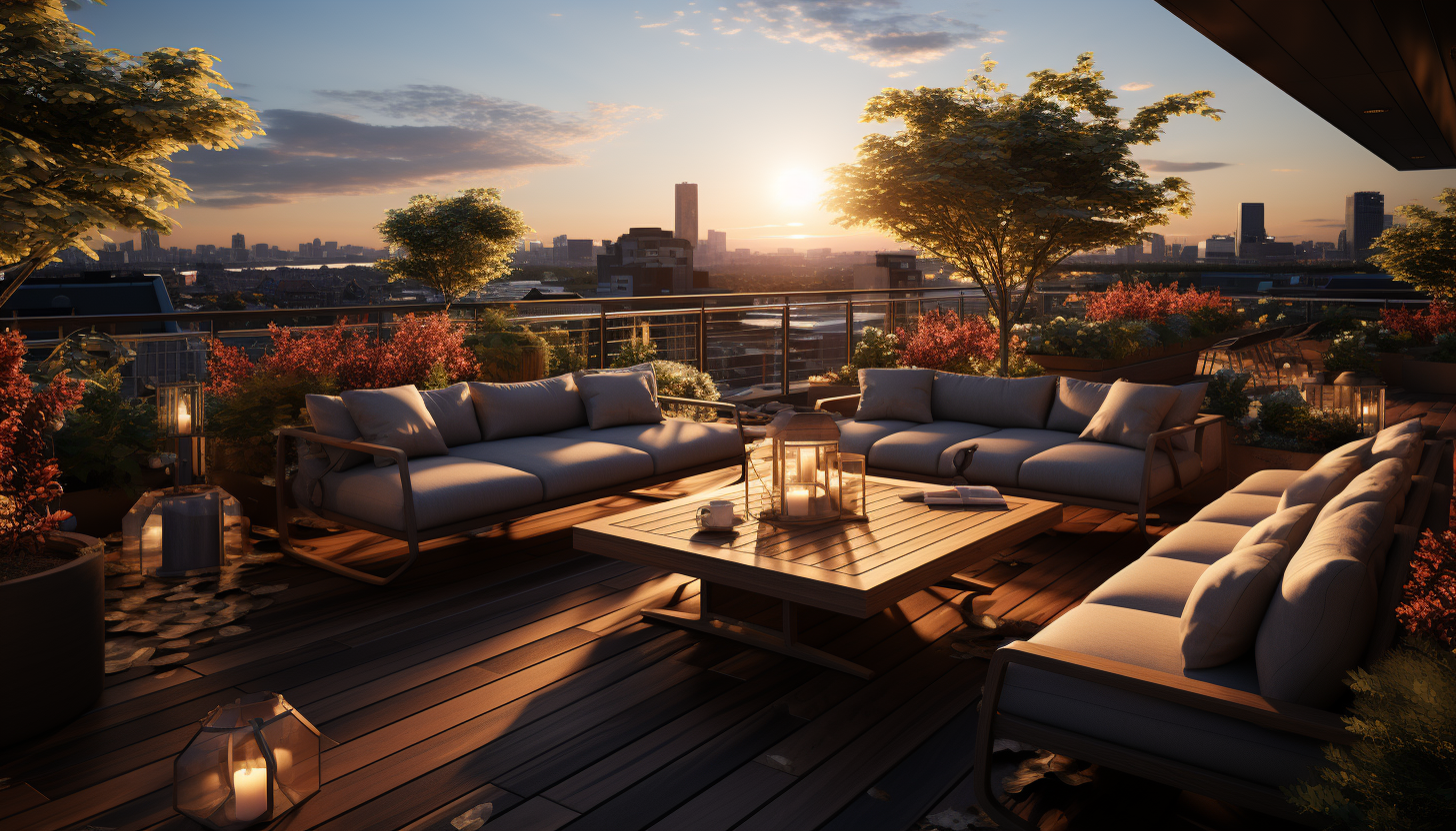 Rooftop garden in a modern city, with a variety of plants, city skyline view, comfortable seating areas, and soft ambient lighting.