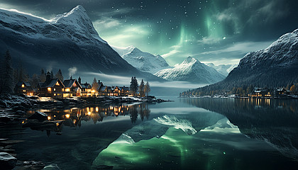 Northern Lights over a traditional Scandinavian village, with snow-covered cottages, a frozen lake, and reindeer grazing.