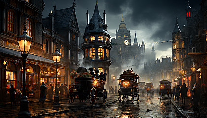 Victorian-era London street scene, with horse-drawn carriages, gas street lamps, gentlemen in top hats, and Gothic architecture.