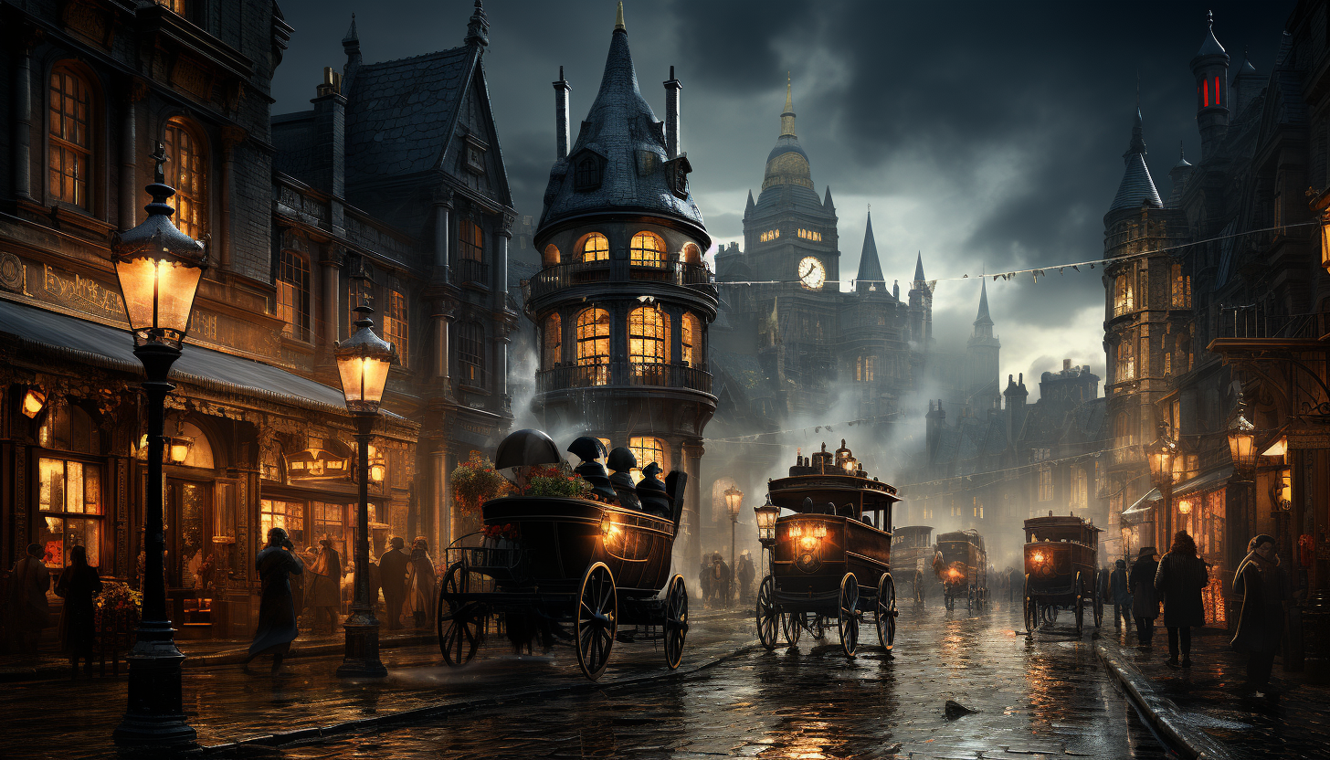 Victorian-era London street scene, with horse-drawn carriages, gas street lamps, gentlemen in top hats, and Gothic architecture.