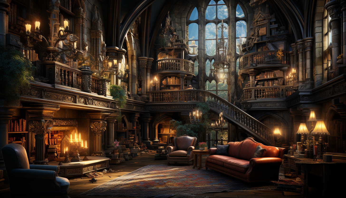 Grand library in a medieval castle, towering bookshelves, ancient manuscripts, a large fireplace, and stained glass windows casting colorful light.