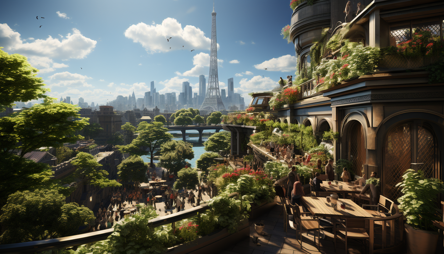 Rooftop garden in a modern city, with a mix of greenery and technology, skyscrapers in the background, and a small group enjoying a picnic.