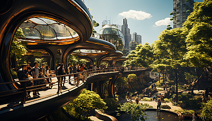 Futuristic urban park with holographic trees, interactive art installations, people relaxing on levitating benches, and a skyline of eco-friendly skyscrapers.