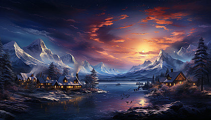 Traditional Scandinavian village in winter, with snow-covered cottages, a frozen lake, northern lights in the sky, and a reindeer herd.