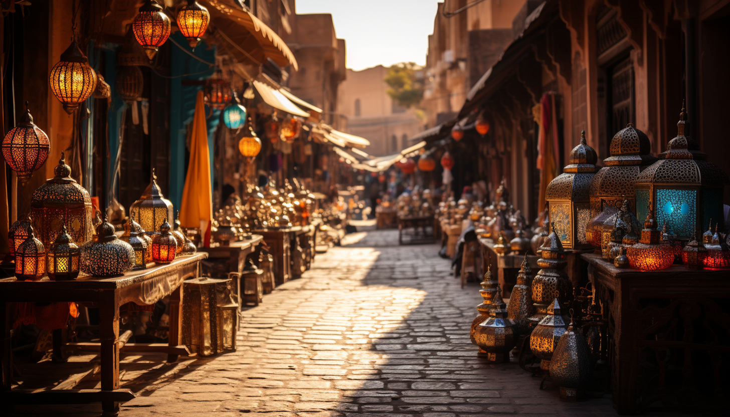 Traditional Moroccan bazaar, with spices piled high, intricate lanterns, vibrant fabrics, and bustling shoppers.