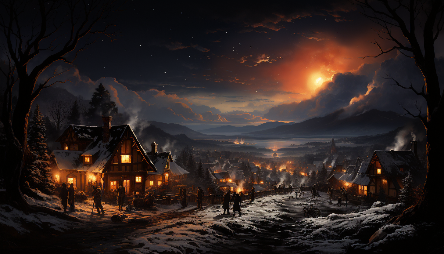 A traditional Scandinavian village in winter, snow-covered cottages, northern lights in the sky, and villagers gathered around a bonfire.