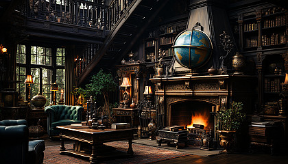 Old library with towering bookshelves, ladders, a grand fireplace, and a large globe in a dimly lit room.