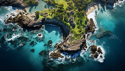 Lush tropical island from an aerial view, with white sandy beaches, clear turquoise waters, coral reefs, and a hidden lagoon.