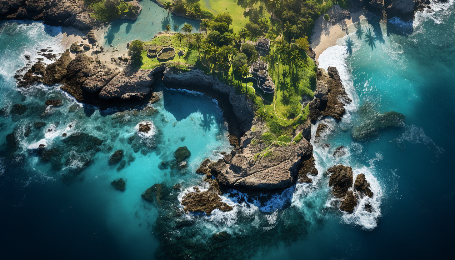 Lush tropical island from an aerial view, with white sandy beaches, clear turquoise waters, coral reefs, and a hidden lagoon.