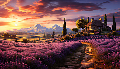 Lavender fields in Provence at sunrise, with rows of purple flowers, a quaint farmhouse, and hot air balloons in the sky.