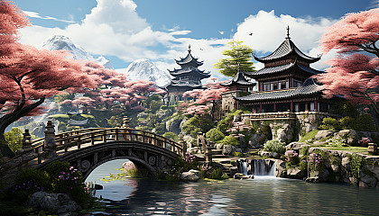 Traditional Chinese garden in spring, with a pagoda, stone bridges over a lily pond, willow trees, and peonies in bloom.