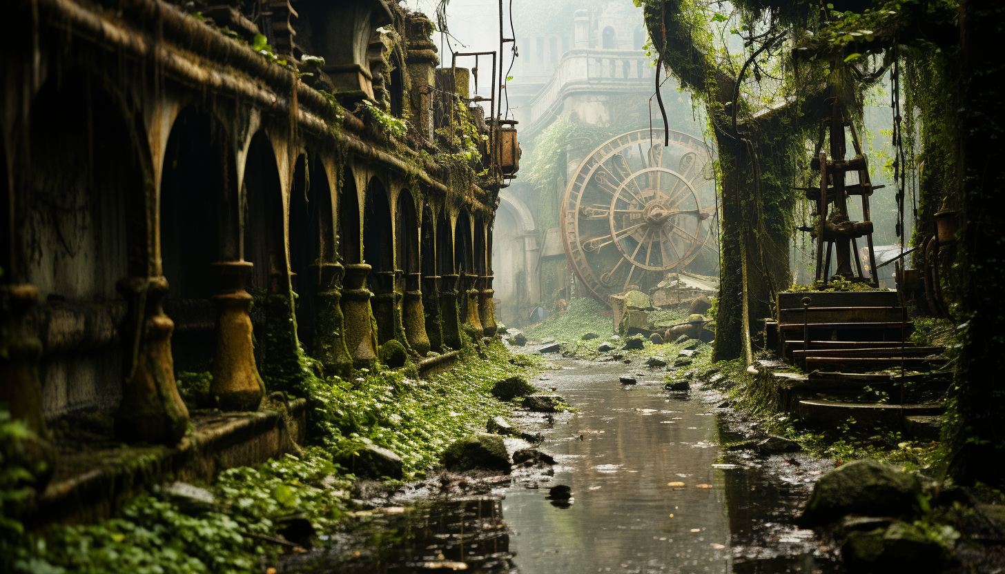 Abandoned amusement park overtaken by nature, with rusty rides, overgrown paths, and a hauntingly beautiful atmosphere.