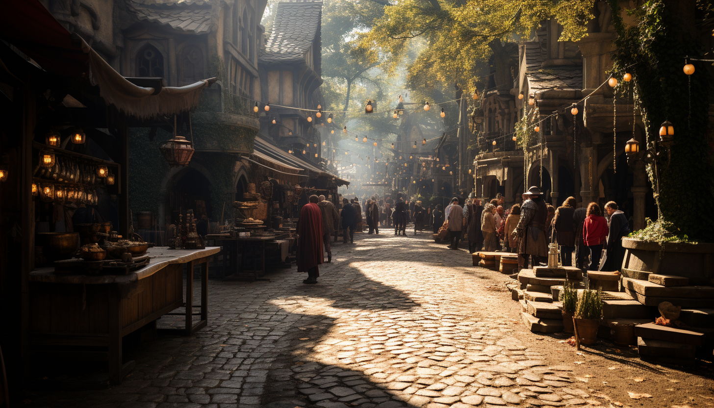 Bustling Renaissance fair, with knights in armor, jesters, medieval tents, a tournament in progress, and villagers in period costumes.