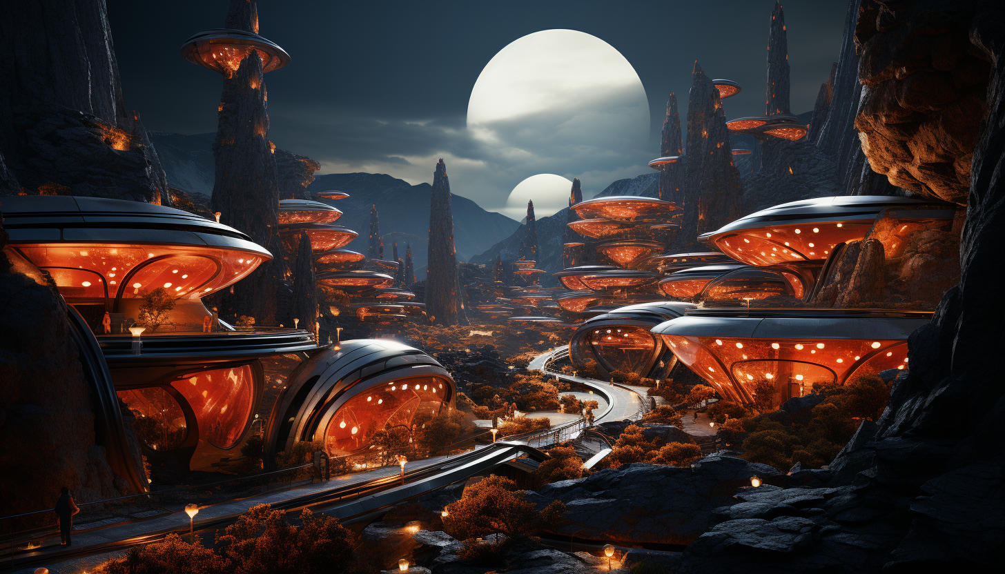 Futuristic Mars colony with biodomes, advanced vehicles exploring the red landscape, and Earth visible in the sky.