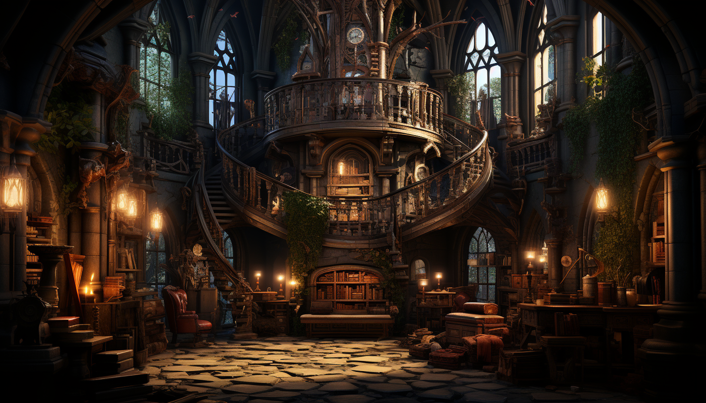 A magical library with towering bookshelves, floating books, enchanted artifacts, and a grand fireplace casting a warm glow.