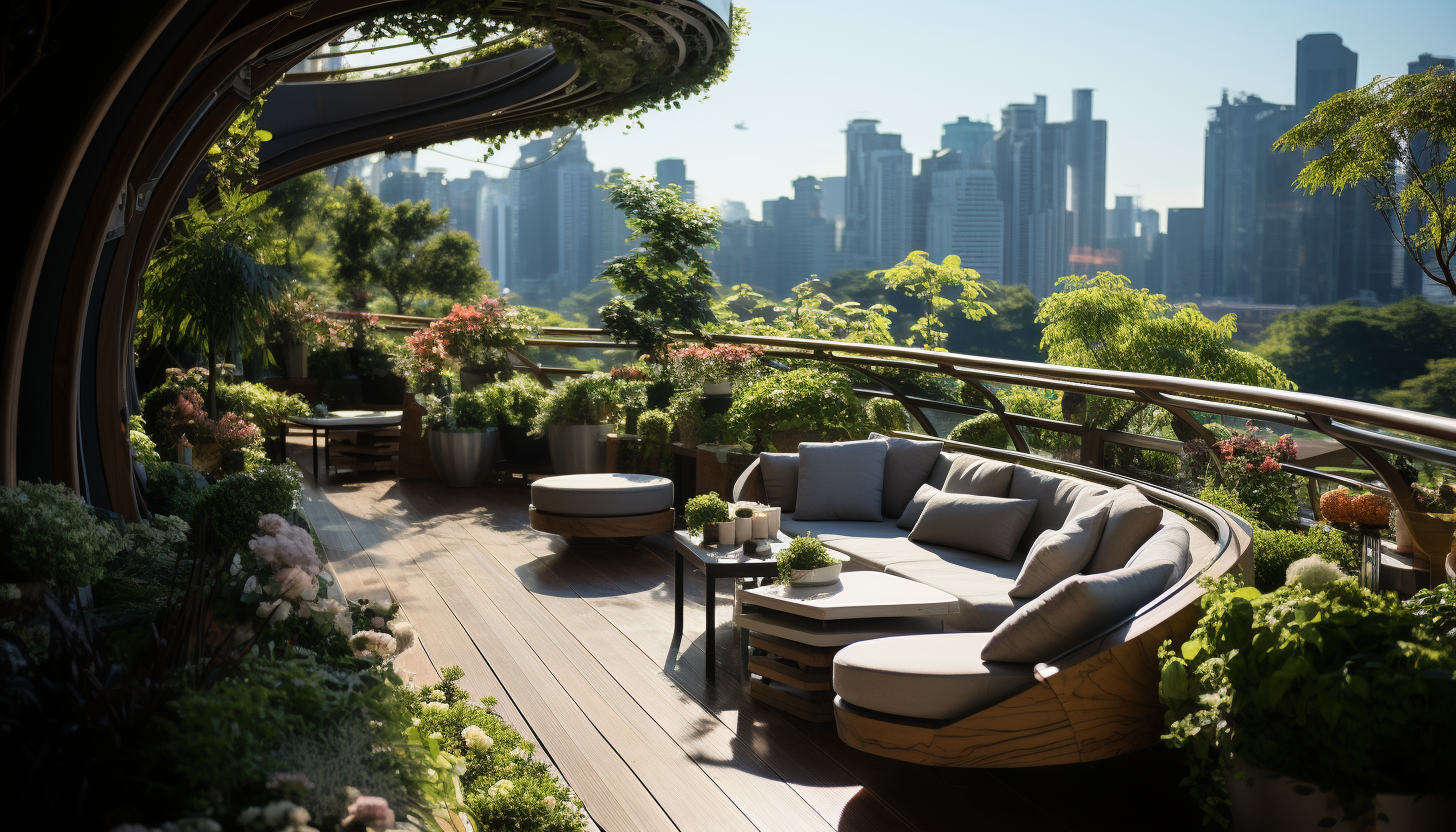 Modern rooftop garden in a bustling city, with sleek furniture, an array of green plants and flowers, and skyscrapers in the background.