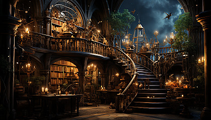 Ancient library with tall bookshelves, rolling ladders, a globe, and a secret passage behind a bookcase, all lit by candlelight.