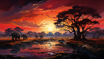 Sunset over an African savannah, with silhouettes of elephants and acacia trees against a fiery sky, and a distant mountain range.