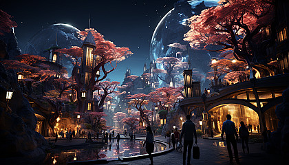 Futuristic urban park with holographic trees, interactive light installations, people enjoying virtual reality games, and a skyline of smart buildings.