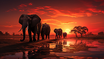 Sunset in an African savanna, with silhouettes of acacia trees, a group of elephants, and a vibrant, orange-hued sky.