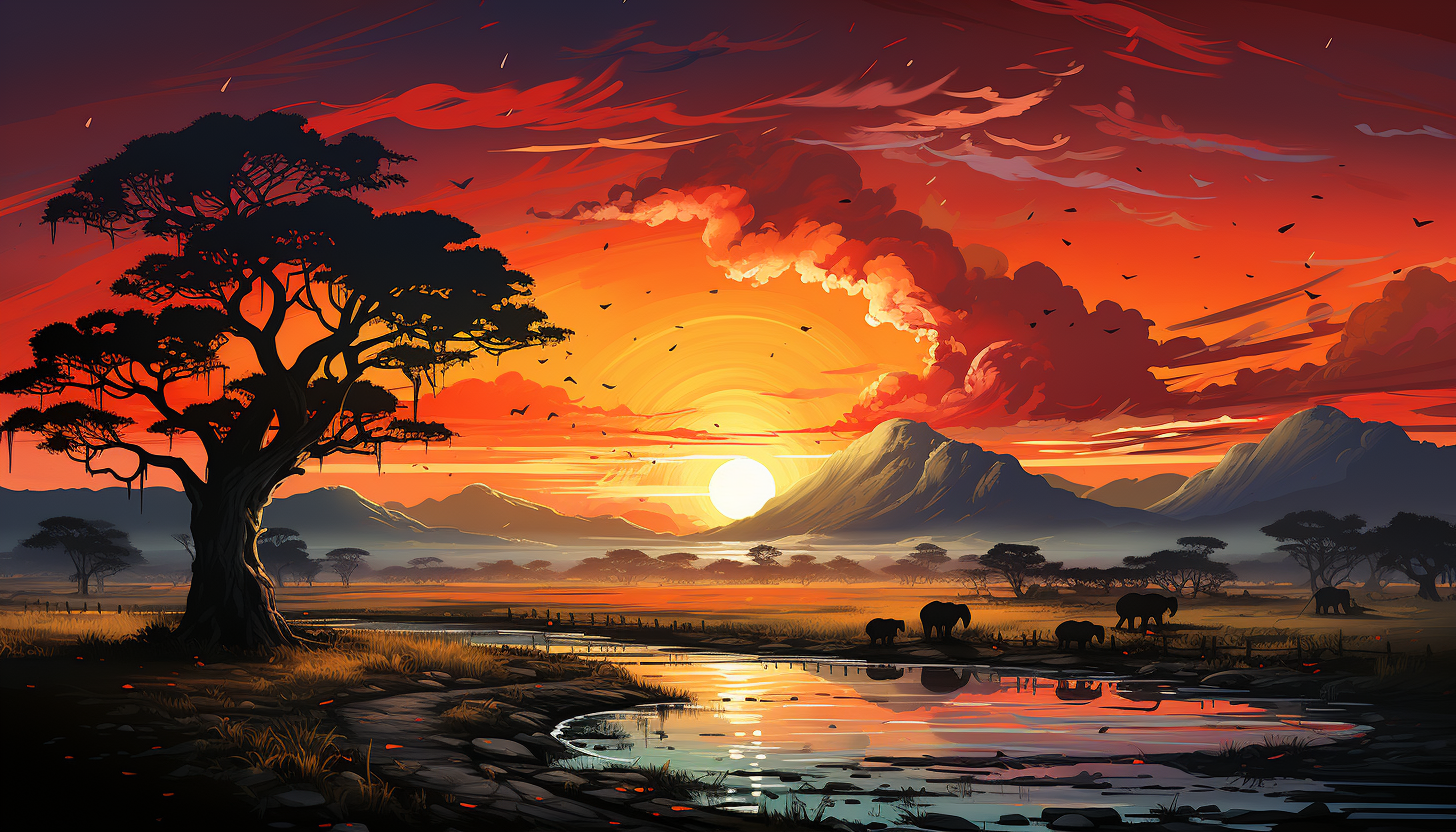 Sunset over an African savannah, with silhouettes of elephants and acacia trees against a fiery sky, and a distant mountain range.