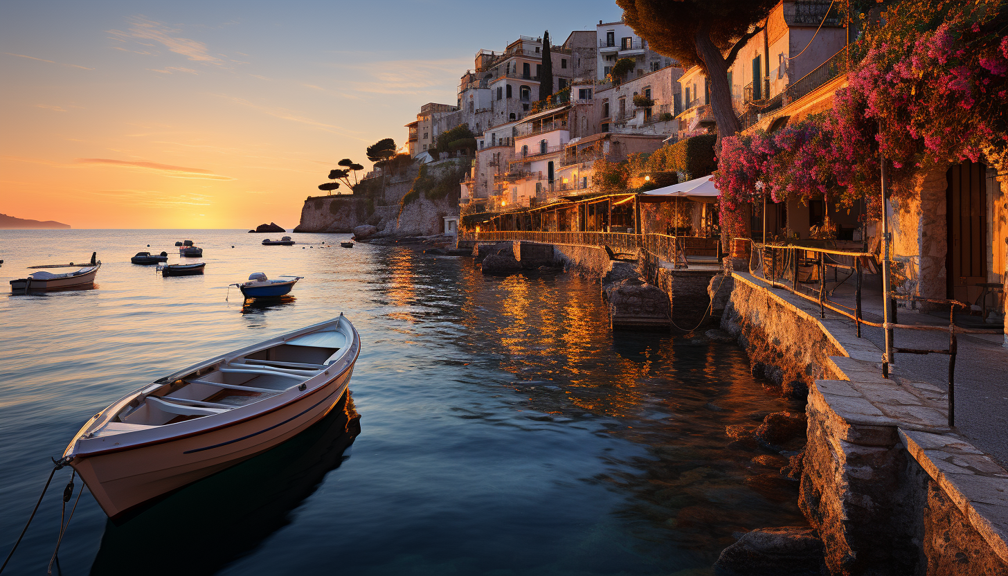 Mediterranean coastal village at sunset, with white-washed houses, blue-domed churches, flowering bougainvillea, and fishing boats in the harbor.