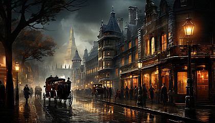 Victorian-era London street scene with fog, horse-drawn carriages, gas lamps, and pedestrians in period clothing.