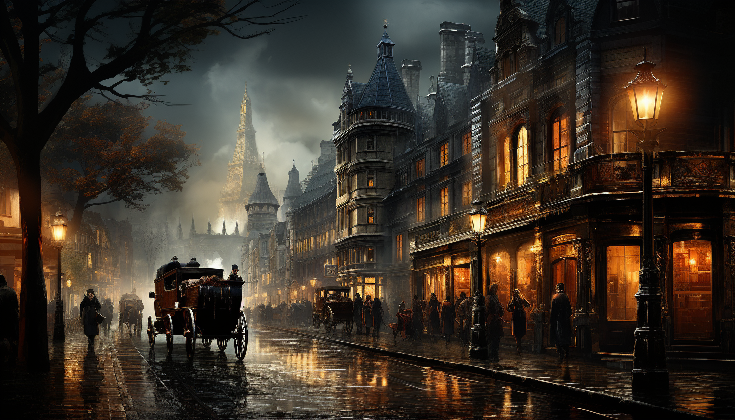 Victorian-era London street scene with fog, horse-drawn carriages, gas lamps, and pedestrians in period clothing.