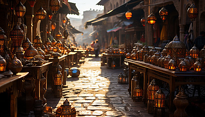 Traditional Moroccan bazaar, with spices piled high, intricate lanterns, vibrant fabrics, and bustling shoppers.