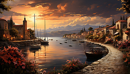 Mediterranean coastal village at sunset, white-washed buildings, terracotta roofs, sailboats in the harbor, and flowering vines.