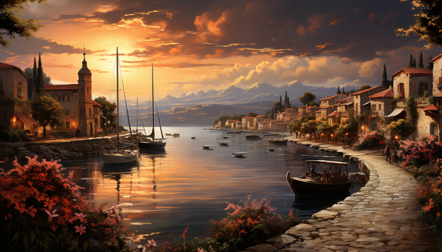 Mediterranean coastal village at sunset, white-washed buildings, terracotta roofs, sailboats in the harbor, and flowering vines.