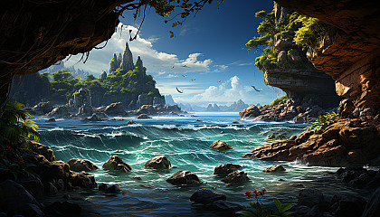 A hidden beach cove with crystal blue waters, white sand, a pirate ship anchored offshore, and a treasure chest partially buried.