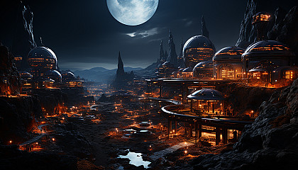 Futuristic Martian colony, with domed habitats, rovers traversing the red landscape, and Earth visible in the night sky.