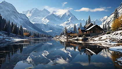 Serene Alpine village in winter, with snow-covered chalets, a frozen lake, skiers, and a backdrop of majestic mountains.