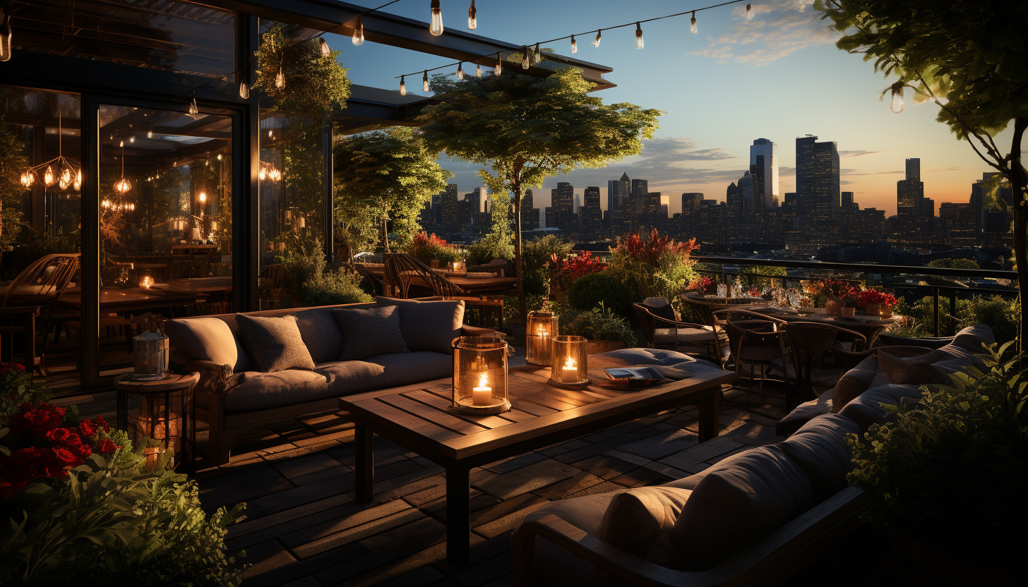 Rooftop garden in a modern city, with an array of green plants, comfortable seating, urban skyline, and soft, twinkling lights.