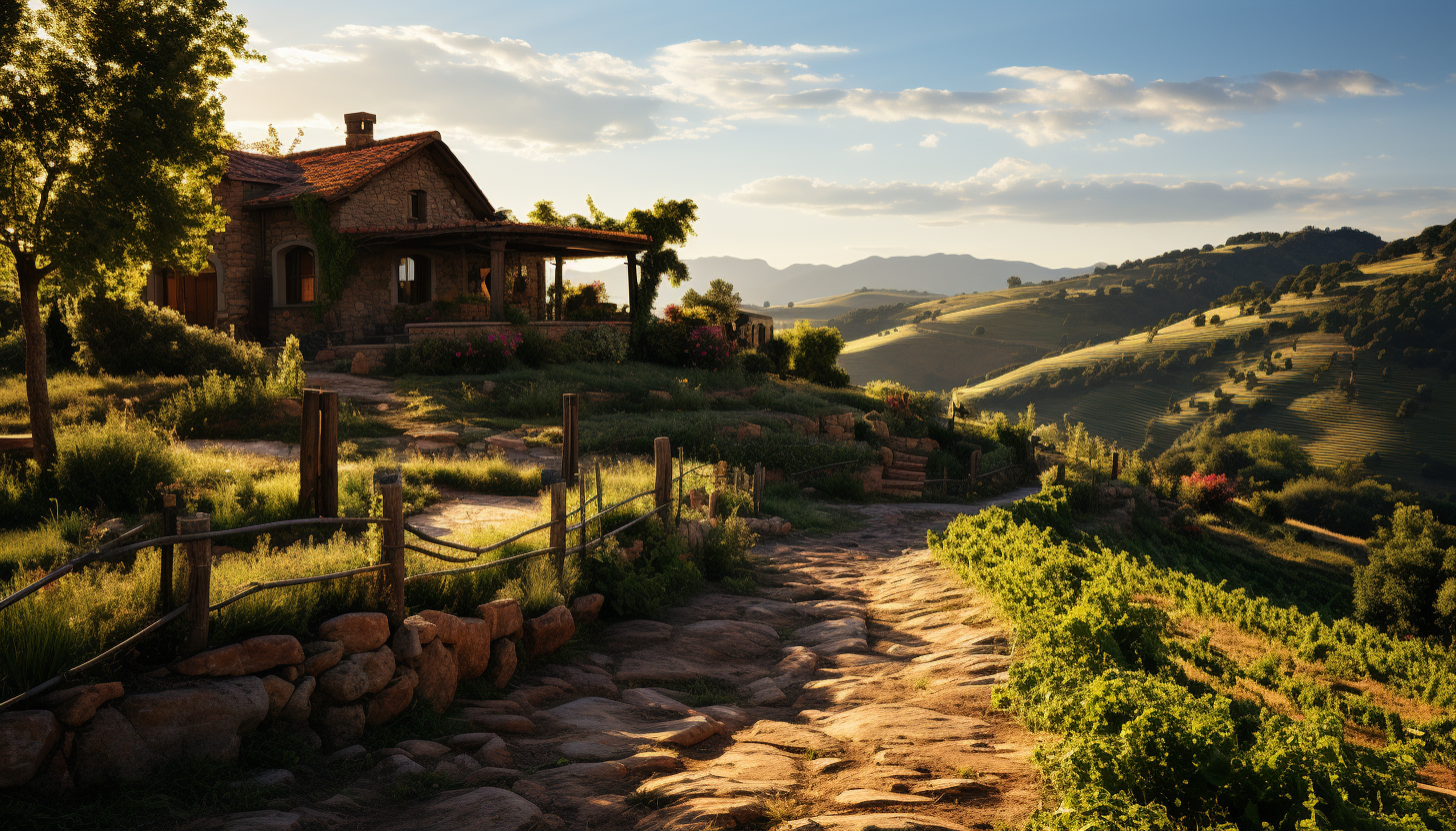 Rustic vineyard at golden hour, with rows of grapevines, a quaint stone farmhouse, and rolling hills in the background.