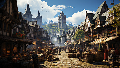 A bustling medieval marketplace, with merchants selling spices and textiles, knights on horseback, and a castle in the background.