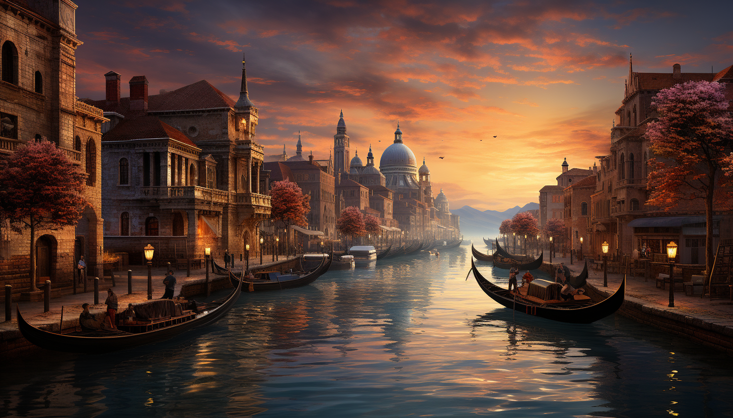 Traditional Venetian canal scene, gondolas gliding through the water, historic buildings lining the banks, and a sunset casting golden hues.