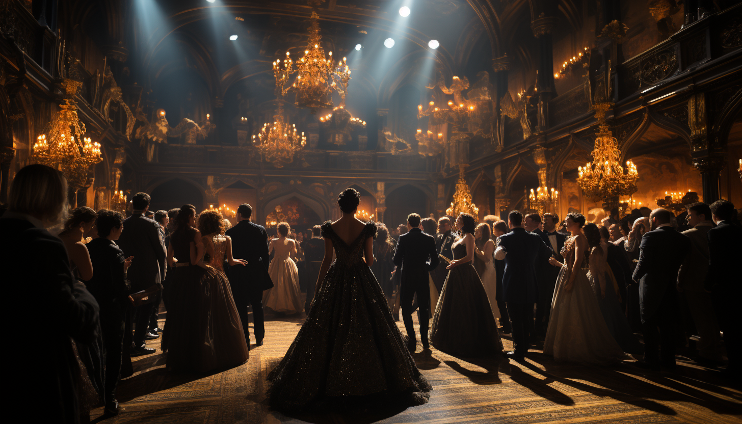 Opulent Renaissance ballroom, with elegantly dressed dancers, grand chandeliers, ornate decorations, and a live orchestra.