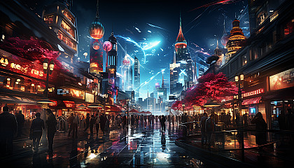Cyberpunk street scene at night, neon-lit skyscrapers, augmented humans, bustling food stalls, and holographic advertisements floating in the air.