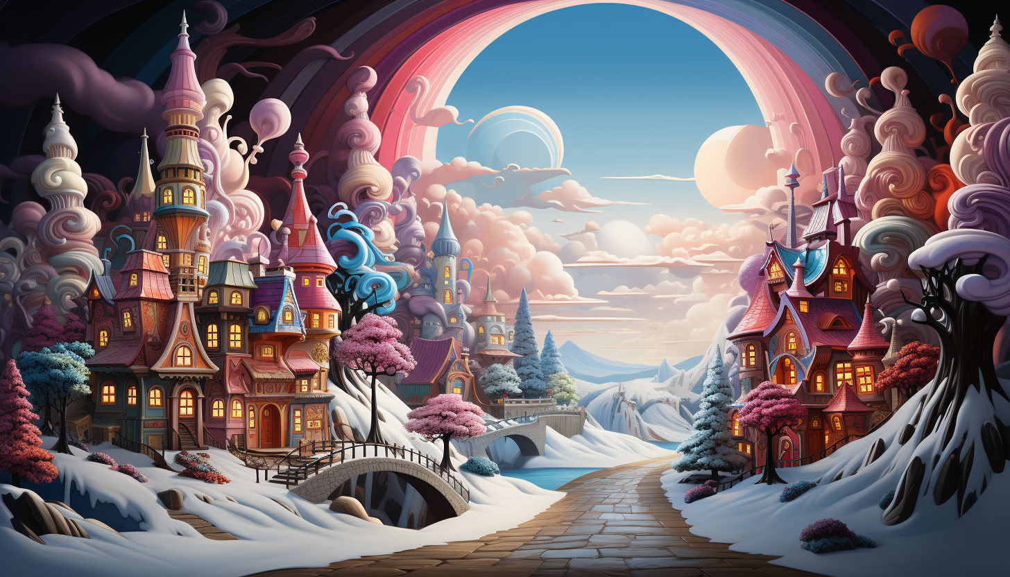 A whimsical candy land with rivers of chocolate, gingerbread houses, candy cane trees, and a rainbow in the sky.