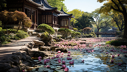 Traditional Chinese garden in spring, with a pagoda, stone paths, willow trees, and a tranquil pond with lotus flowers.