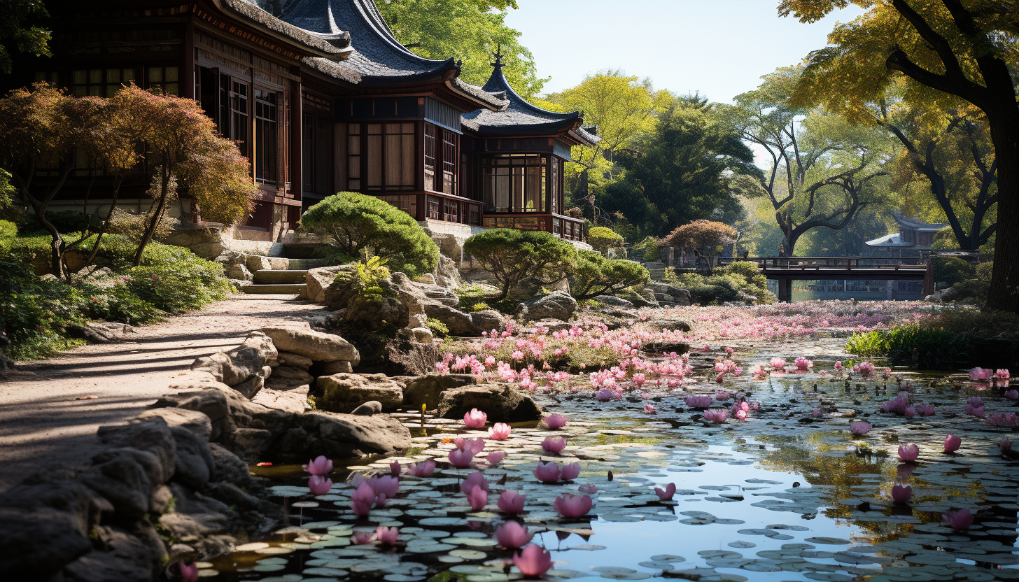 Traditional Chinese garden in spring, with a pagoda, stone paths, willow trees, and a tranquil pond with lotus flowers.