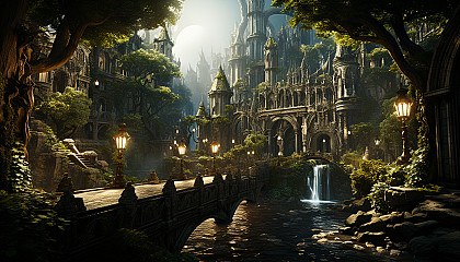 High fantasy elven city in an ancient forest, with treehouse dwellings, mystical light sources, and a dragon flying overhead.